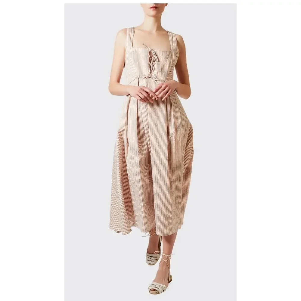 Thierry Colson Winifred Tie Front Midi Dress Cream & Tan Striped Cotton sz M - Picture 3 of 14